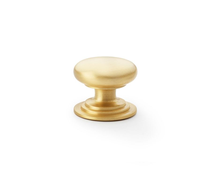 Alexander and Wilks Satin Brass 38mm Round Cupboard Knob on Stepped Rose | AW825-38-SB