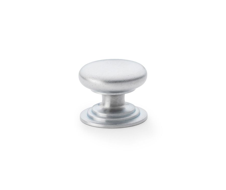 Alexander and Wilks Satin Chrome 38mm Round Cupboard Knob on Stepped Rose | AW825-38-SC