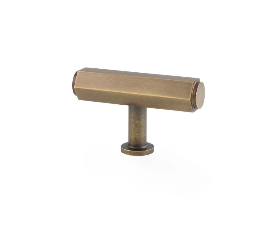 Alexander and Wilks Antique Brass T Bar Hexagonal Cabinet Knob | AW829-55-AB