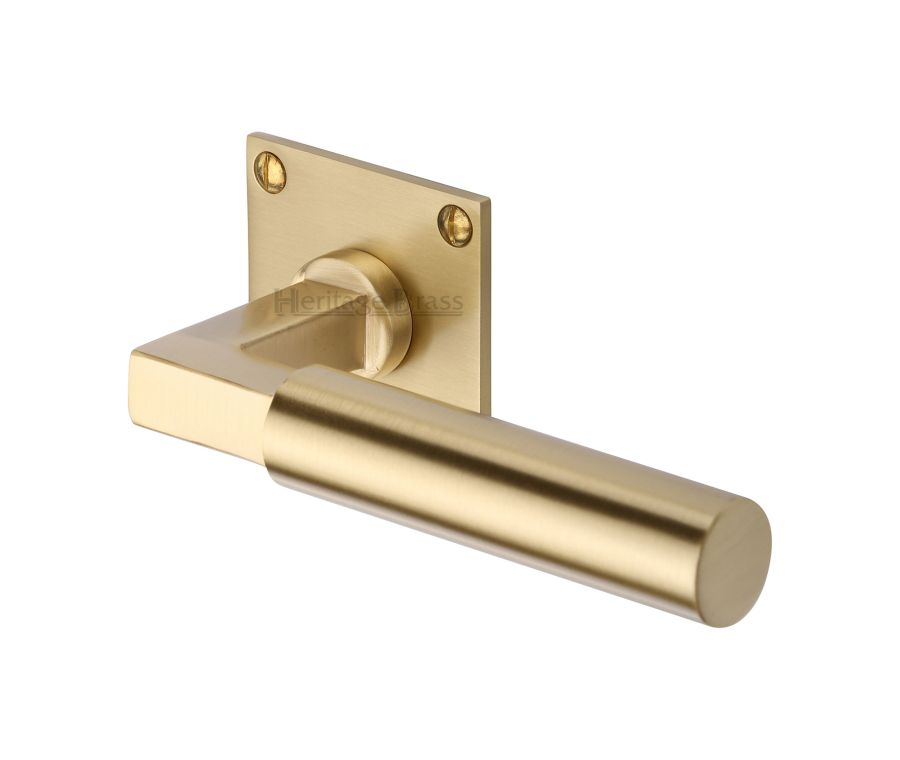 Satin Brass Bauhaus Low Profile Door Handle on Square Rose
