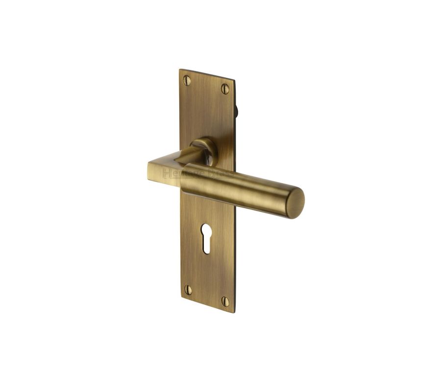 Heritage Brass Antique Brass Bauhaus Door Handle on Plate - Lever Lock