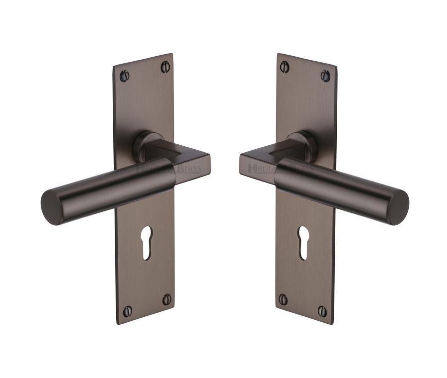 Heritage Brass Matt Bronze Bauhaus Door Handle on Plate - Lever Lock