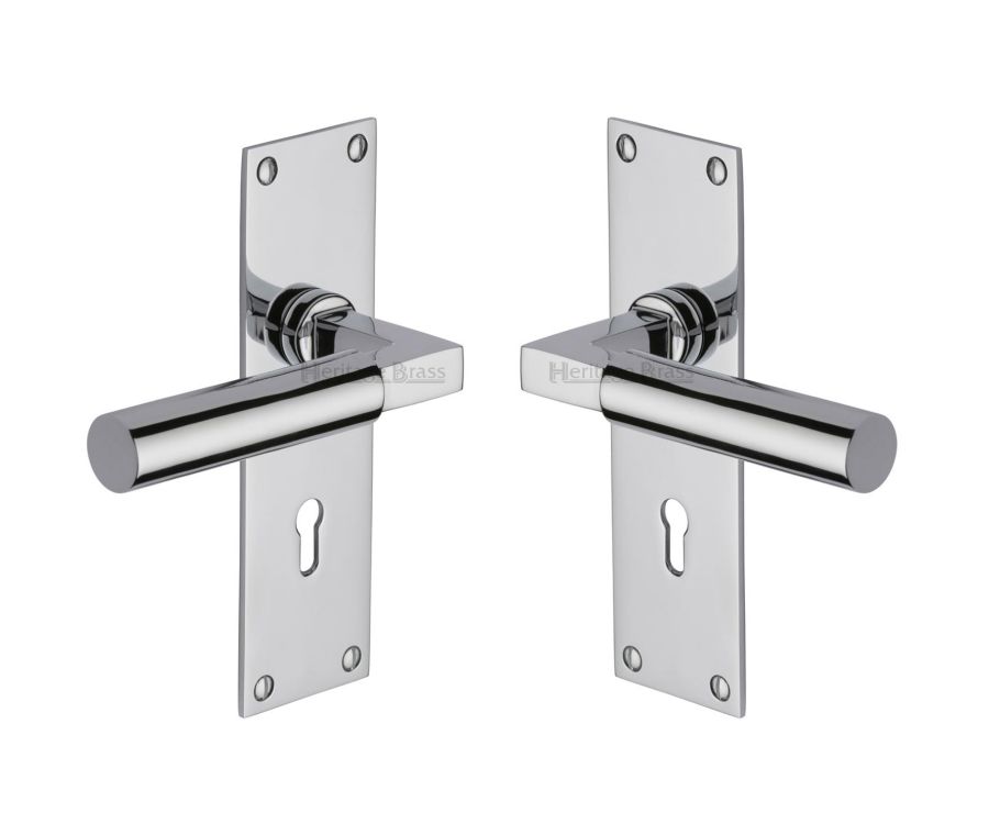 Heritage Brass Polished Chrome Bauhaus Door Handle on Plate - Lever Lock