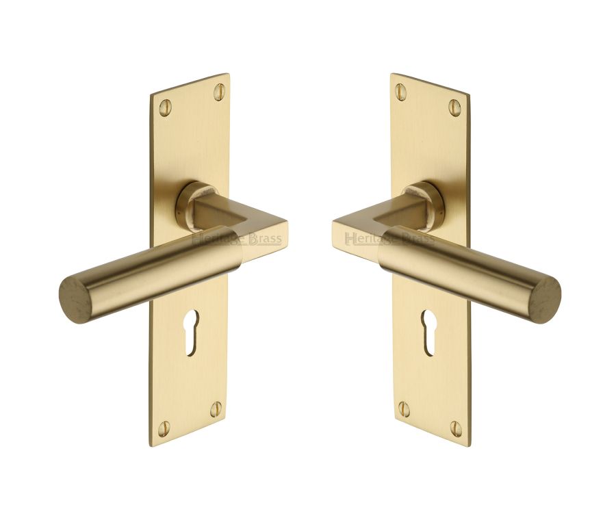Heritage Brass Satin Brass Bauhaus Door Handle on Plate - Lever Lock