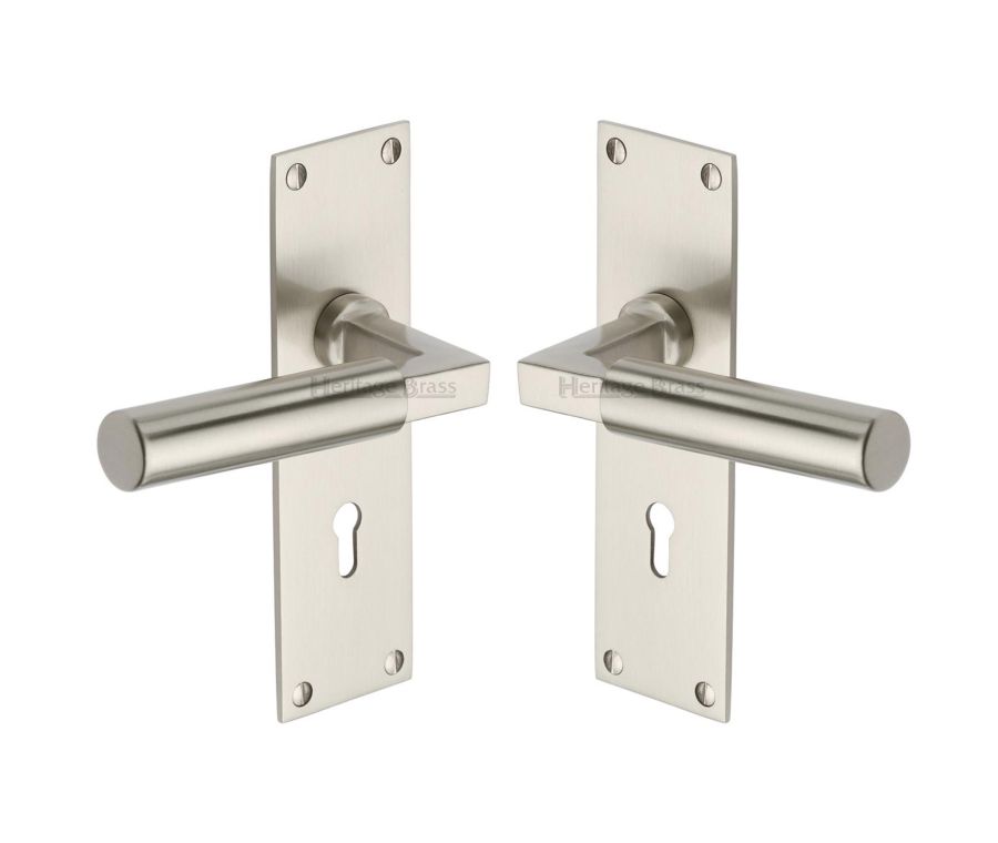 Heritage Brass Satin Nickel Bauhaus Door Handle on Plate - Lever Lock
