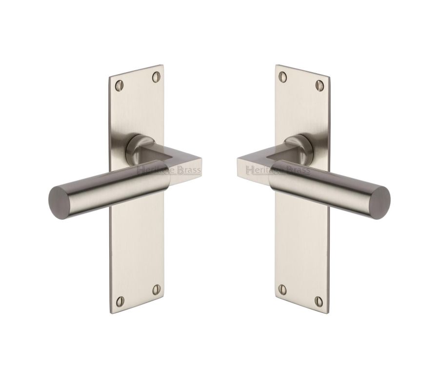 Heritage Brass Satin Nickel Bauhaus Door Handle on Plate - Lever Latch