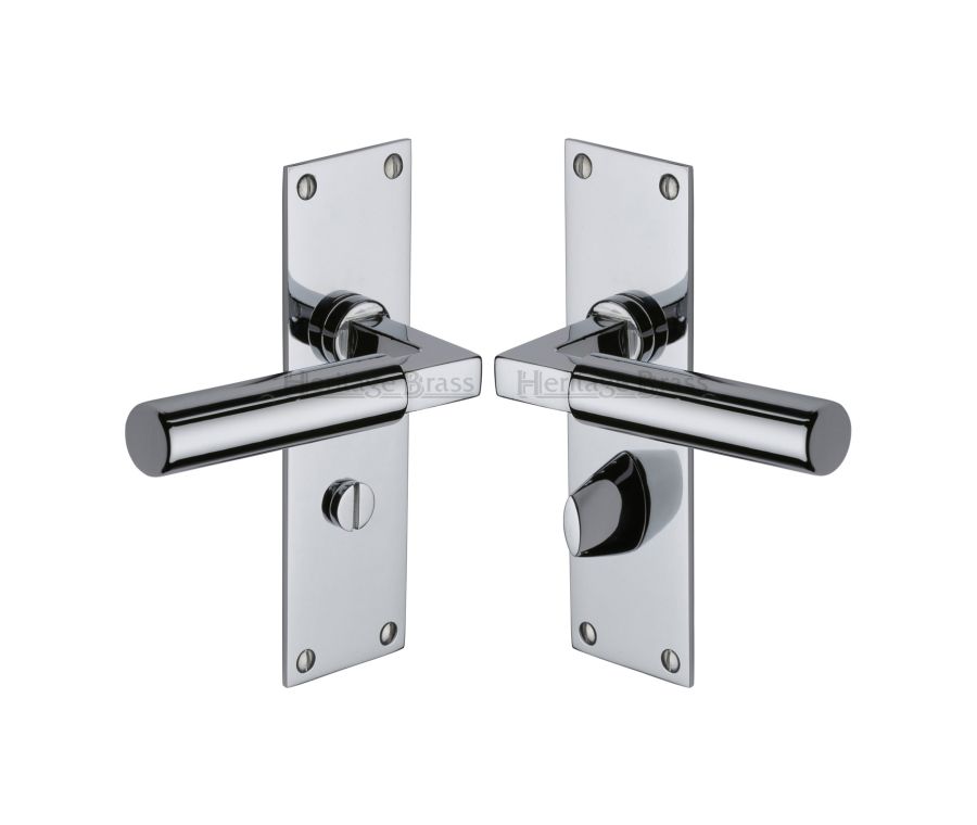 Heritage Brass Polished Chrome Bauhaus Door Handle on Plate - Bathroom Set