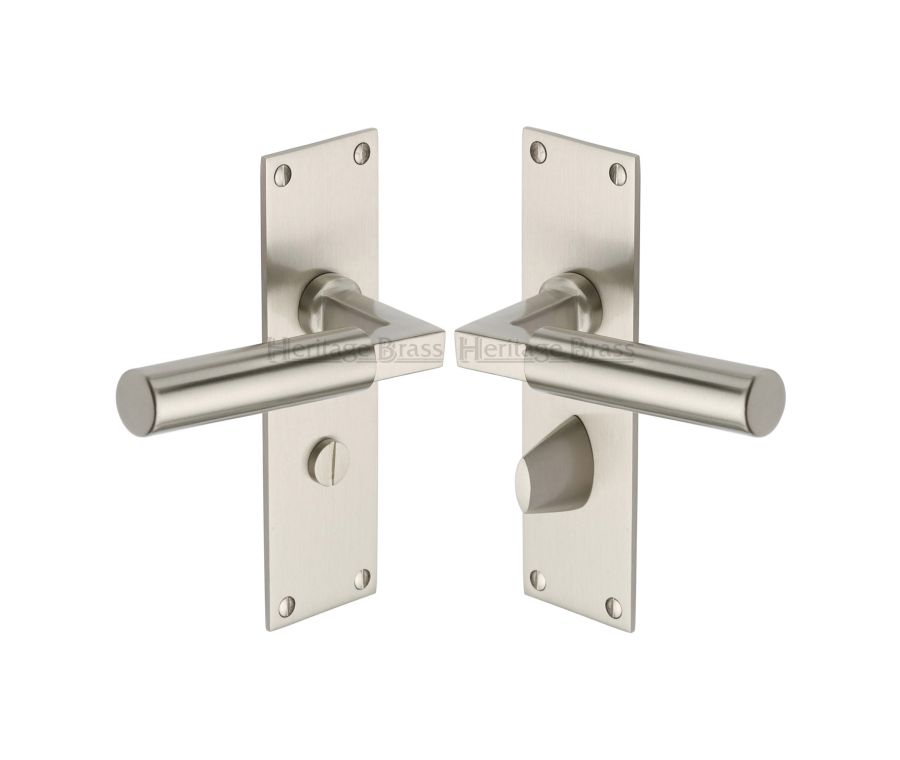 Heritage Brass Satin Nickel Bauhaus Door Handle on Plate - Bathroom Set