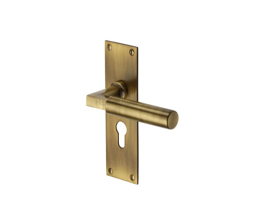 Heritage Brass Antique Brass Bauhaus Door Handle on Plate - Euro Profile
