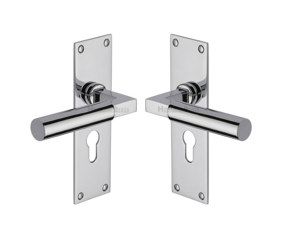 Heritage Brass Polished Chrome Bauhaus Door Handle on Plate - Euro Profile