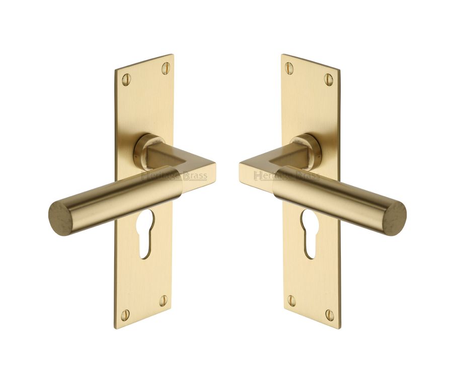Heritage Brass Satin Brass Bauhaus Door Handle on Plate - Euro Profile