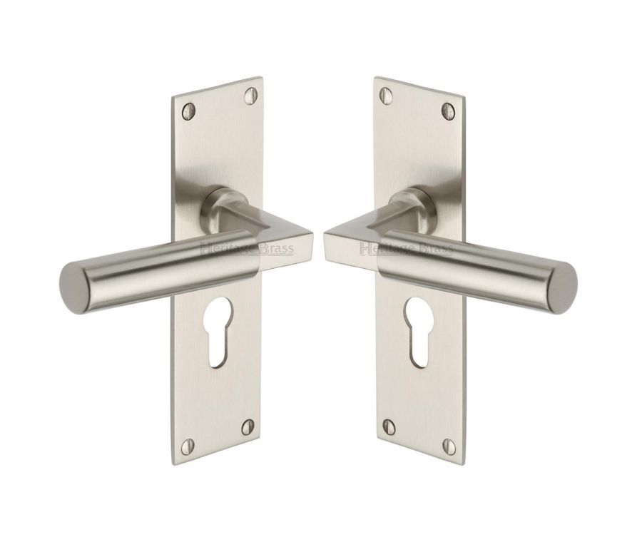 Heritage Brass Satin Nickel Bauhaus Door Handle on Plate - Euro Profile