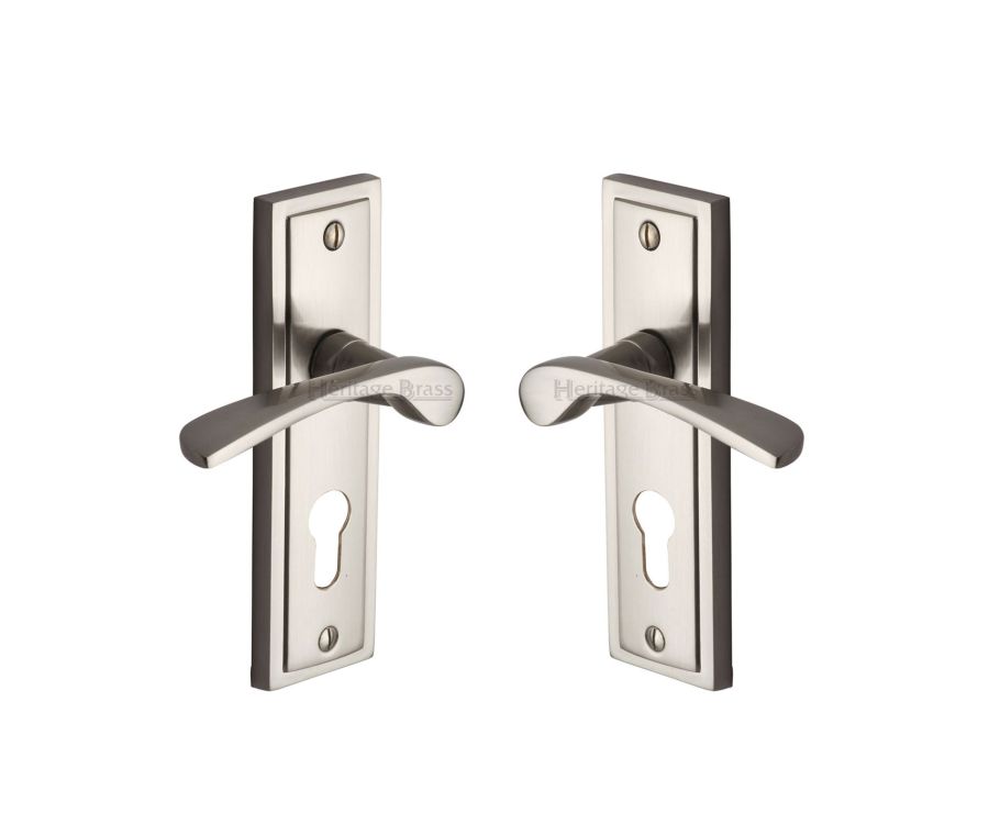 Heritage Brass Satin Nickel Boston Door Handle on Plate - Euro Profile