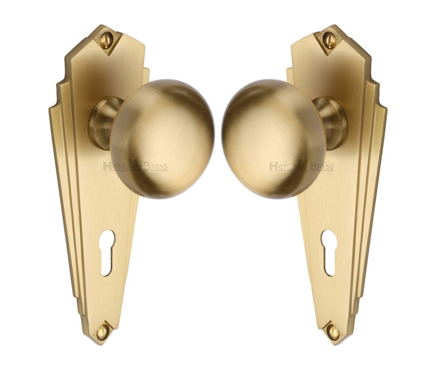 Heritage Brass Satin Brass Broadway Door Knob on Plate - Lever Lock