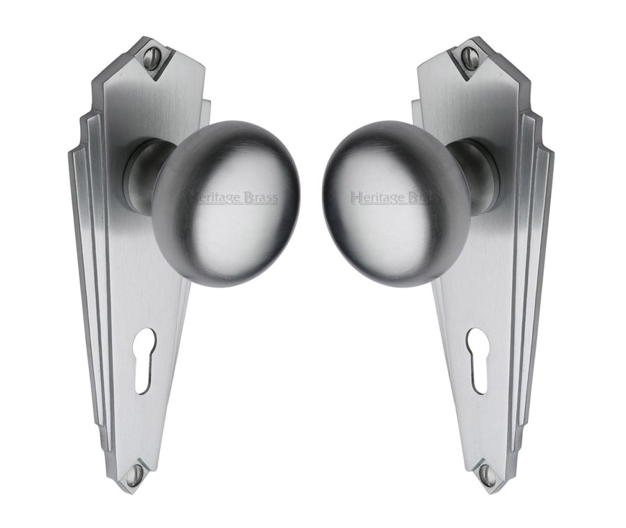 Heritage Brass Satin Chrome Broadway Door Knob on Plate - Lever Lock