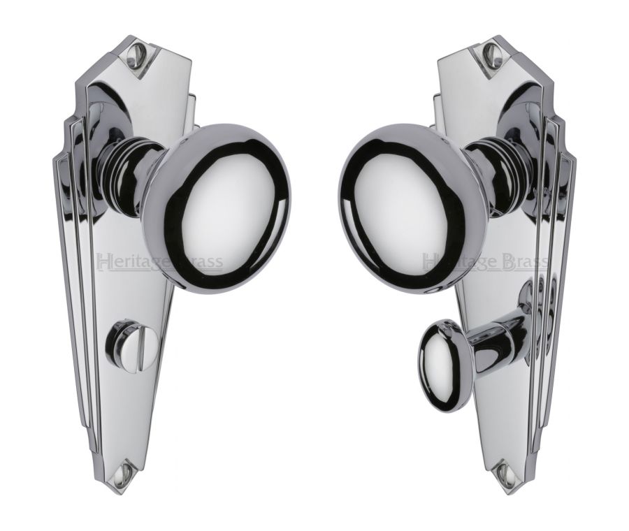 Heritage Brass Polished Chrome Broadway Door Knob on Plate - Bathroom Set