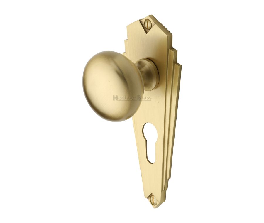Heritage Brass Satin Brass Broadway Door Knob on Plate - Euro Profile