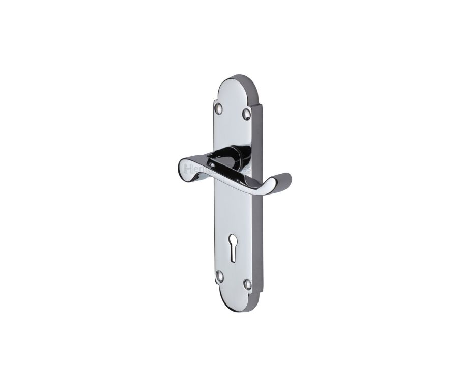 Heritage Brass Polished Chrome Builders' Range Door Handle on Rounded Plate - Lever Lock
