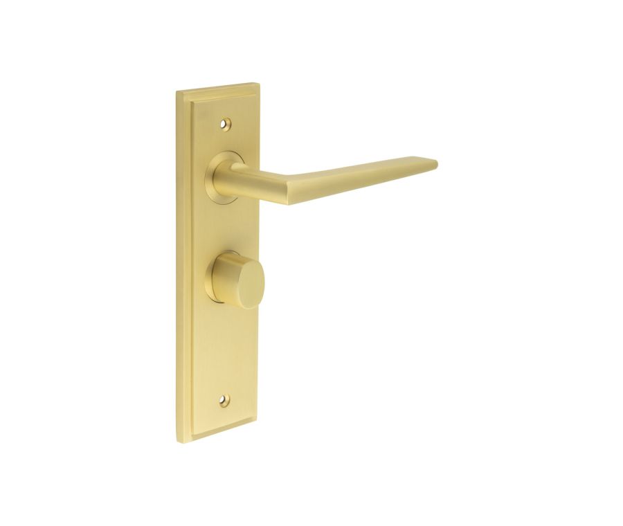 Set Burlington Satin Brass Mayfair Lever on Bathroom Lock Plate c/c 57mm  | BUR10-453-81SB