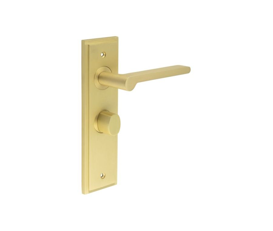 Set Burlington Satin Brass Fitzrovia Lever on Bathroom Lock Plate c/c 57mm  | BUR15-453-81SB