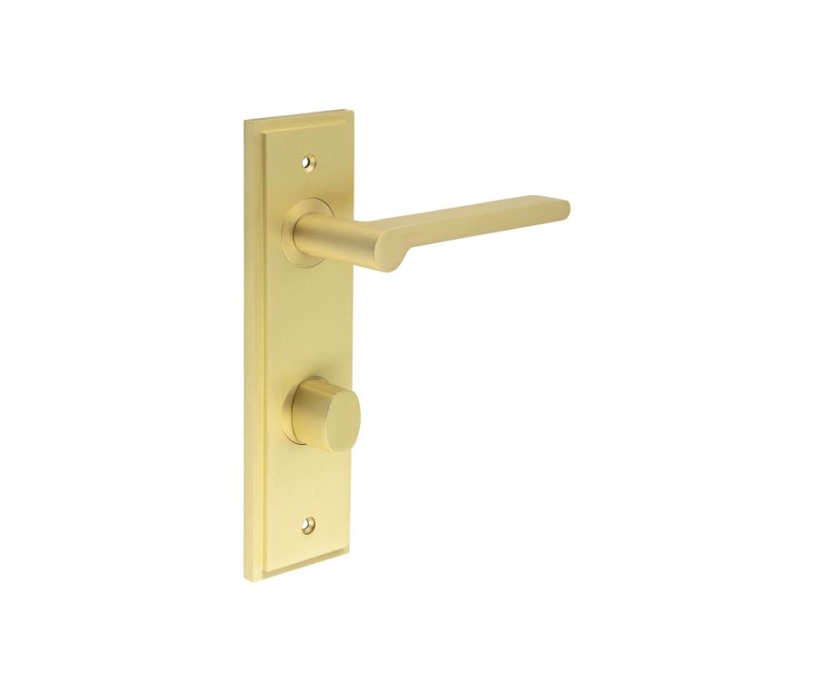 Set Burlington Satin Brass Fitzrovia Lever on Bathroom Lock Plate c/c 78mm  | BUR15-456-81SB
