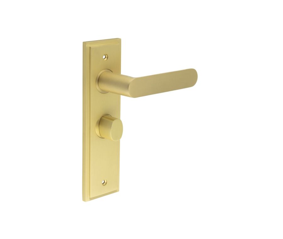 Set Burlington Satin Brass Kensington Lever on Bathroom Lock Plate c/c 57mm  | BUR25-453-81SB