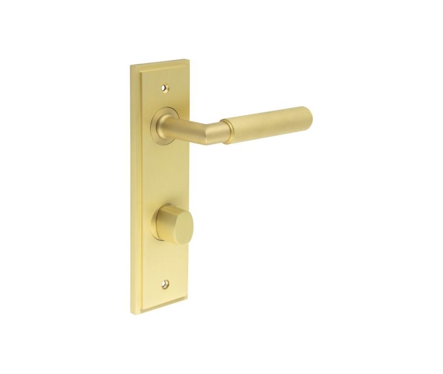 Set Burlington Satin Brass Piccadilly Lever on Din Bathroom Lock Plate c/c 78mm  | BUR40-456-81SB
