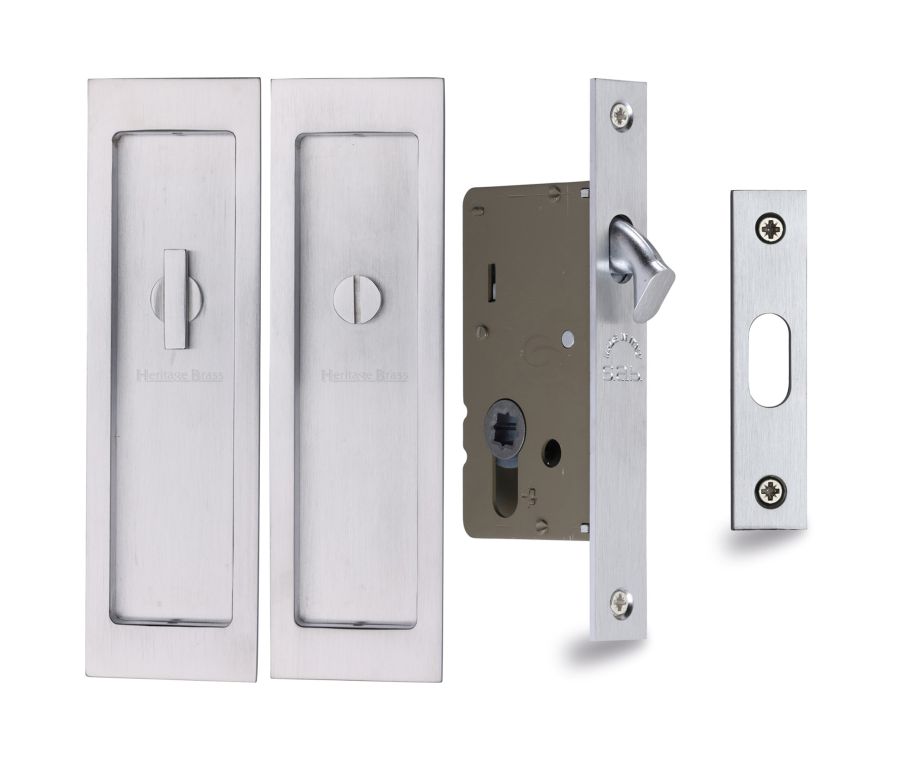 Satin Chrome Heritage Brass Flush Pull Privacy Set 197mm