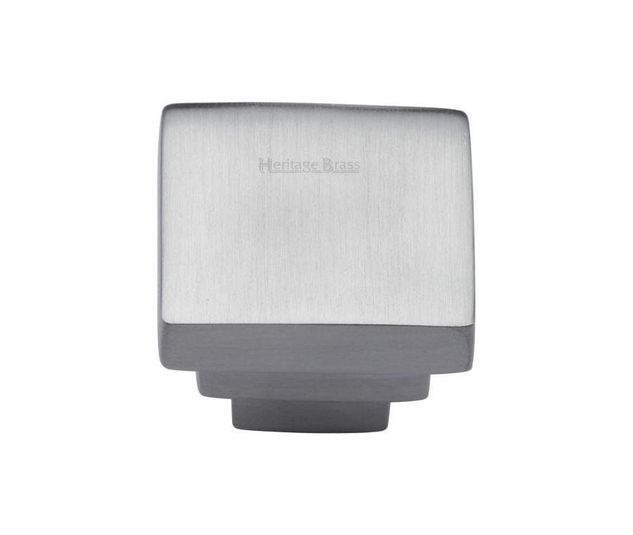 Heritage Brass Satin Chrome Square Stepped Cabinet Knob 32mm