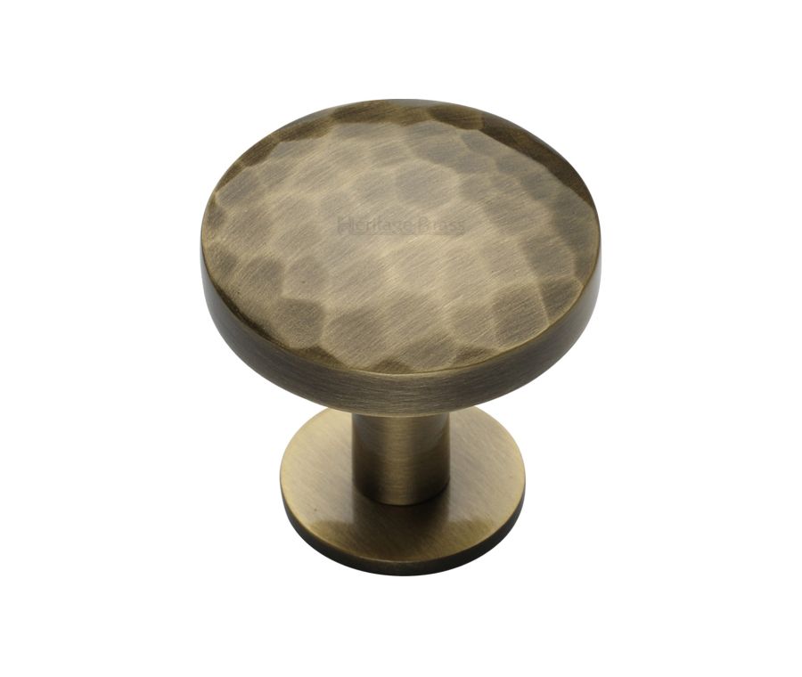 Heritage Brass Antique Brass Round Hammered Cabinet Knob with Rose 32mm