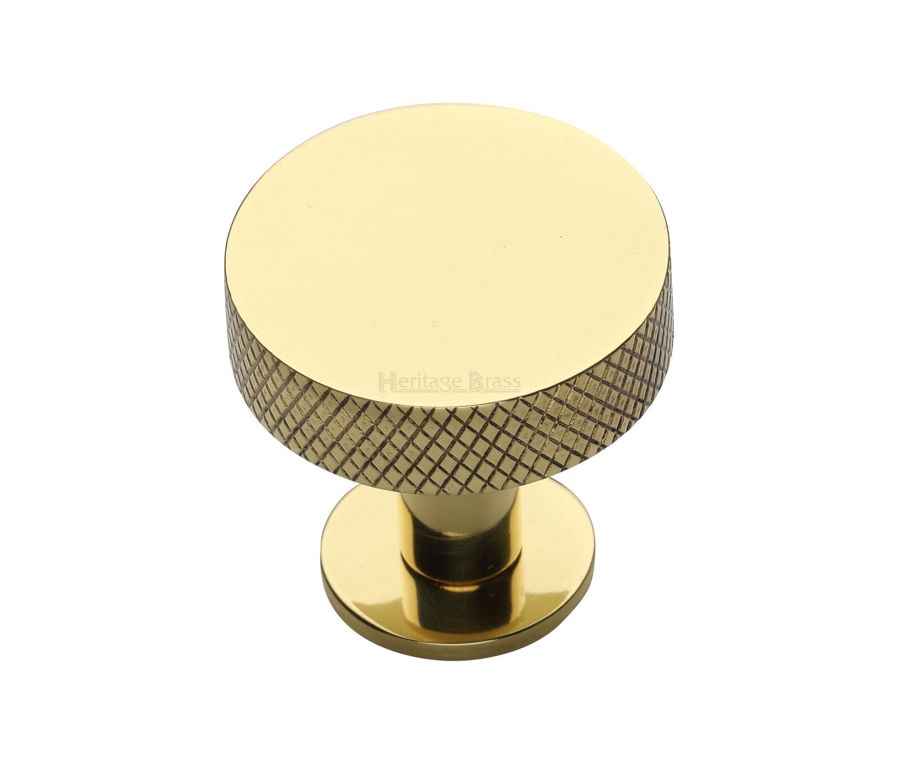 Heritage Brass Polished Brass Knurled Disc Cabinet Knob with Rose 32mm