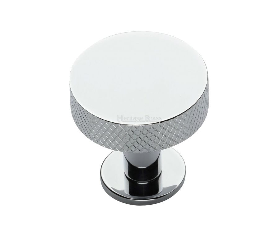 Heritage Brass Polished Chrome Knurled Disc Cabinet Knob with Rose 32mm