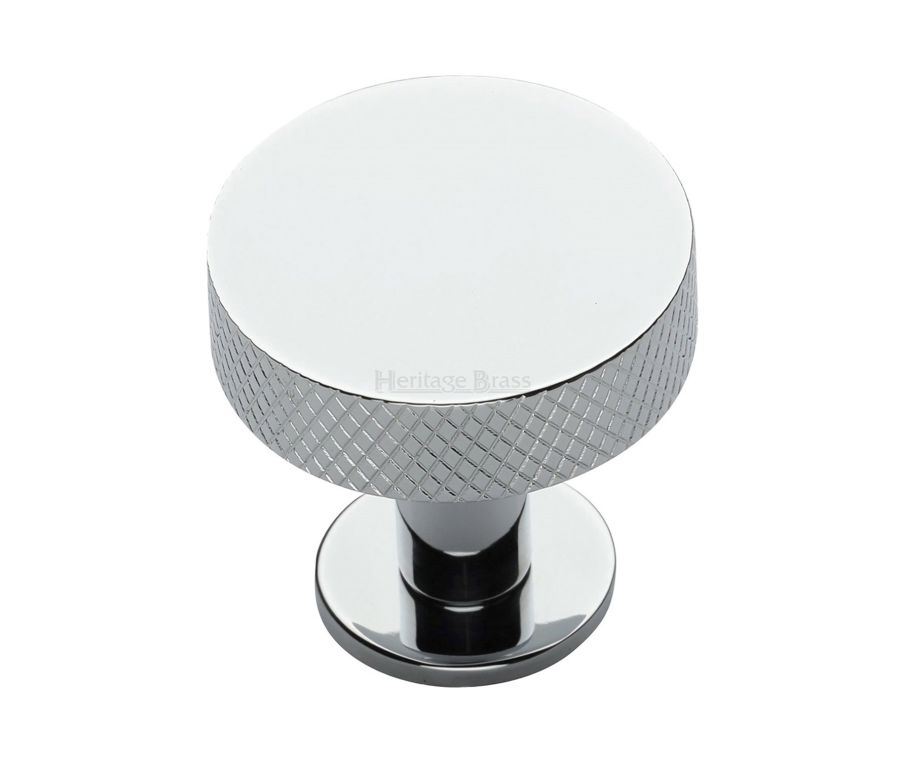 Heritage Brass Polished Chrome Knurled Disc Cabinet Knob with Rose 38mm