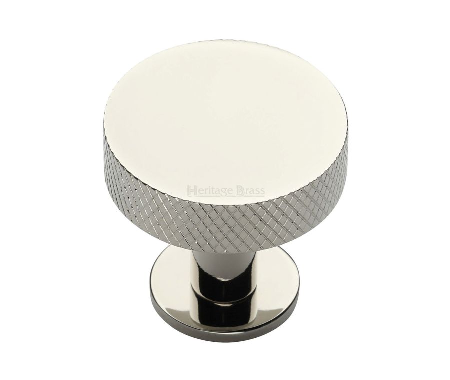 Heritage Brass Polished Nickel Finish Knurled Disc Cabinet Knob with Rose 38mm