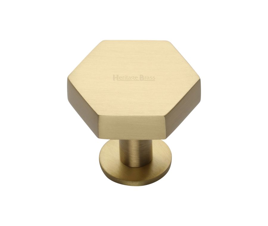 Heritage Brass Satin Brass Hexagon Cabinet Knob with Rose 32mm