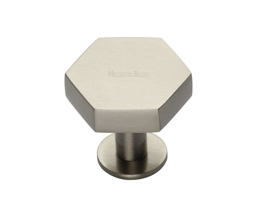 Heritage Brass Satin Nickel Hexagon Cabinet Knob with Rose 32mm