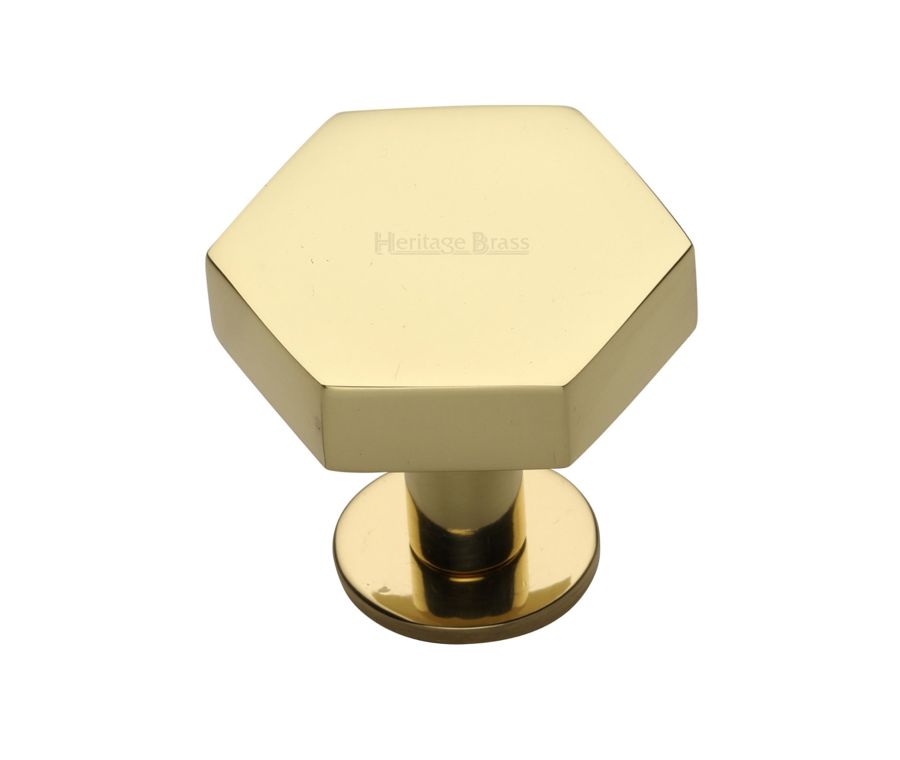 Heritage Brass Polished Brass Hexagon Cabinet Knob with Rose 38mm