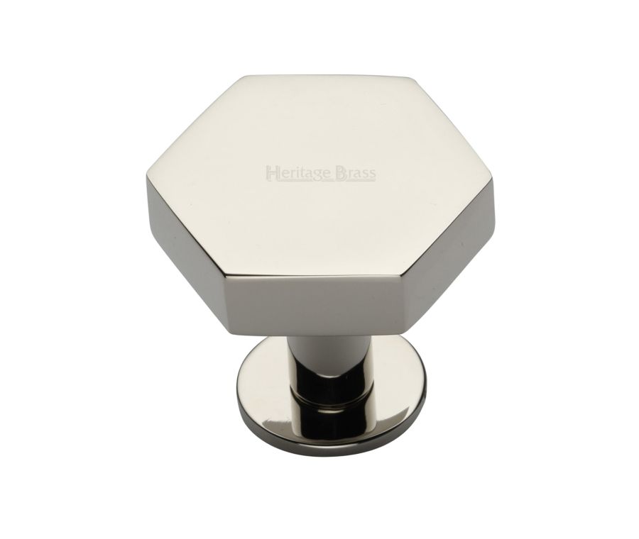 Heritage Brass Polished Nickel Finish Hexagon Cabinet Knob with Rose 38mm