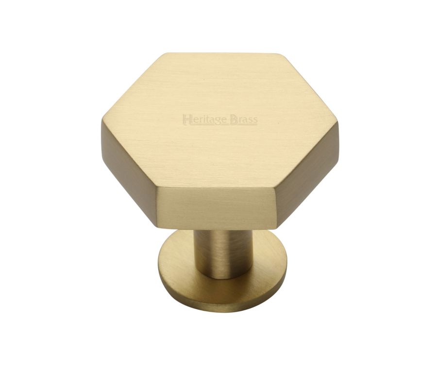 Heritage Brass Satin Brass Hexagon Cabinet Knob with Rose 38mm