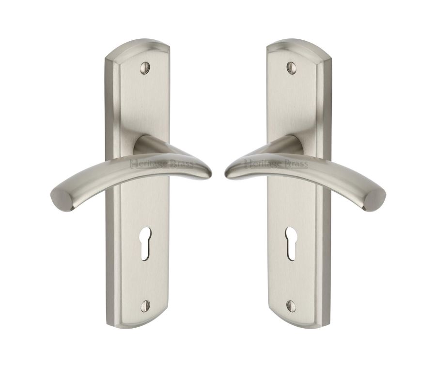 Heritage Brass Satin Nickel Centaur Door Handle on Plate - Lever Lock