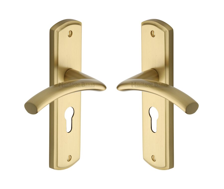 Heritage Brass Satin Brass Centaur Door Handle on Plate - Euro Profile