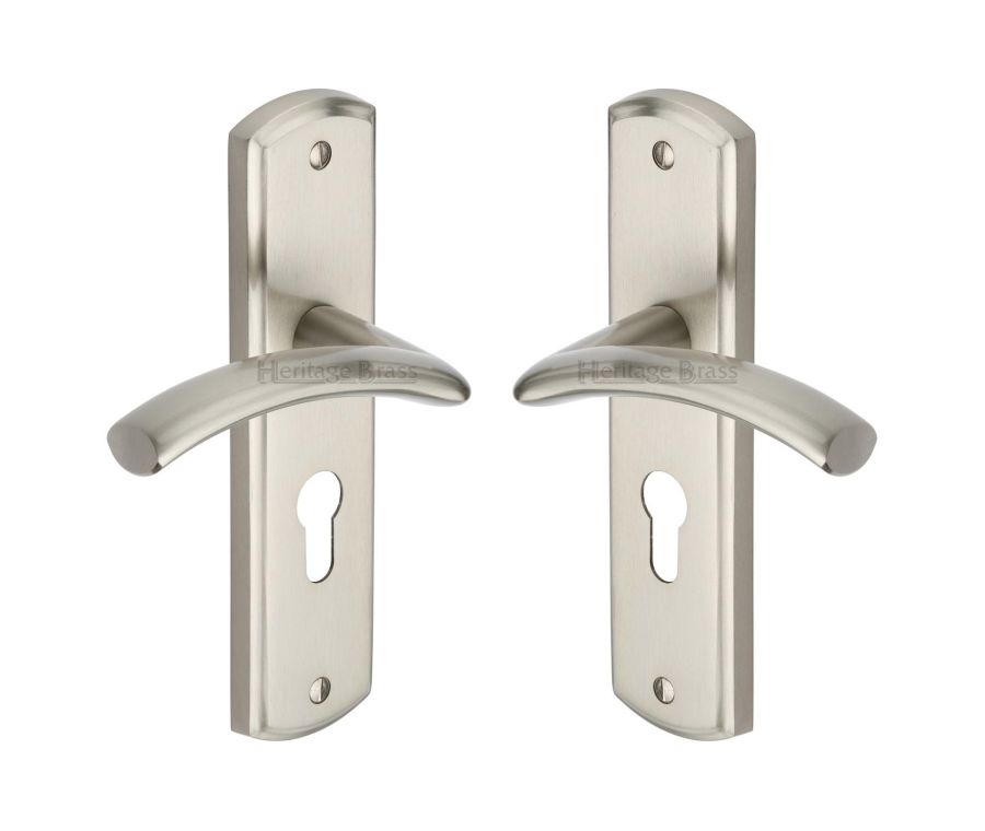 Heritage Brass Satin Nickel Centaur Door Handle on Plate - Euro Profile