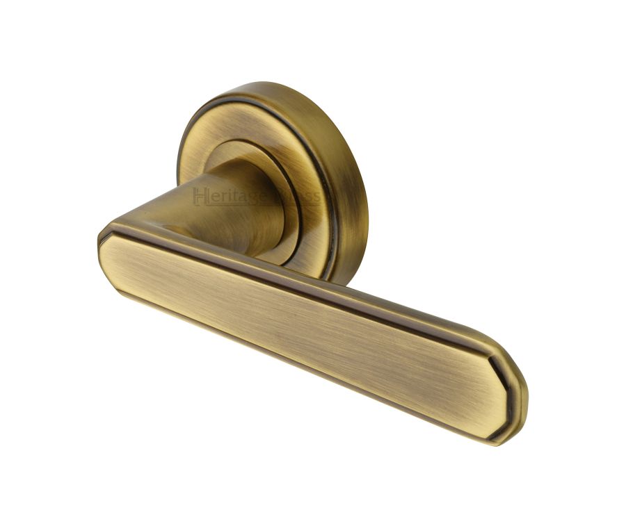 Antique Brass Century Door Handle on Round Rose
