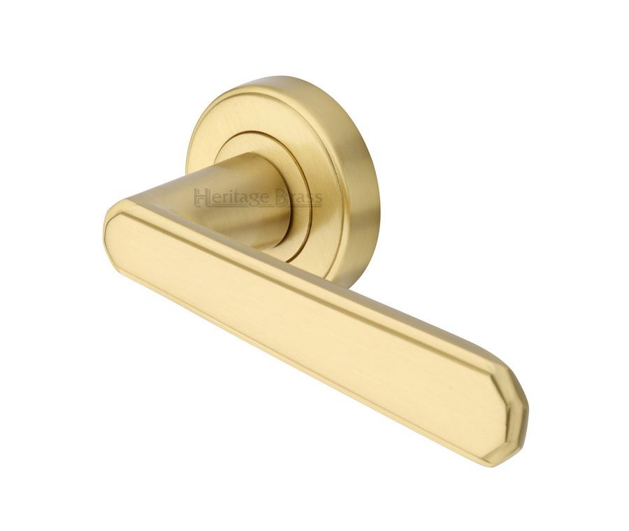 Satin Brass Century Door Handle on Round Rose