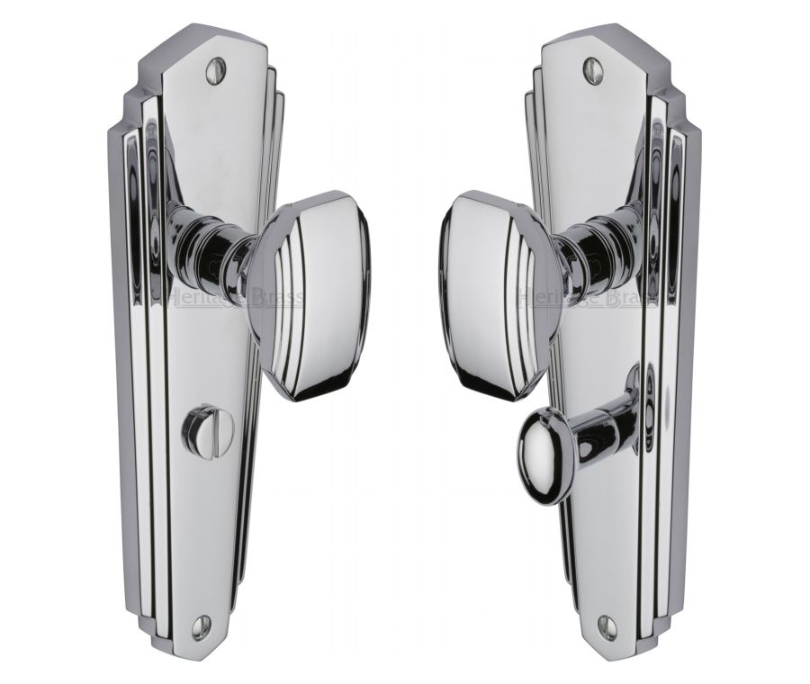 Heritage Brass Polished Chrome Charlston Door Knob on Plate - Bathroom Set