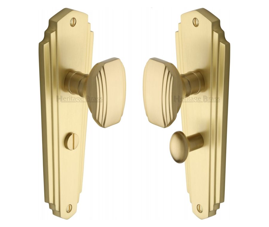 Heritage Brass Satin Brass Charlston Door Knob on Plate - Bathroom Set