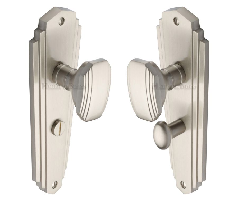 Heritage Brass Satin Nickel Charlston Door Knob on Plate - Bathroom Set