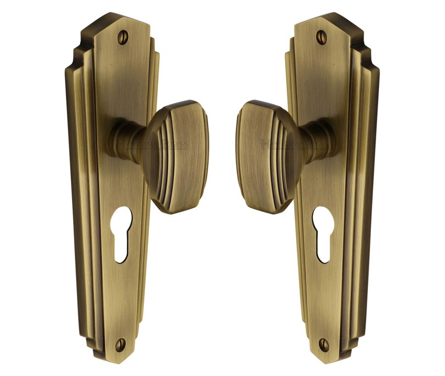 Heritage Brass Antique Brass Charlston Door Knob on Plate - Euro Profile