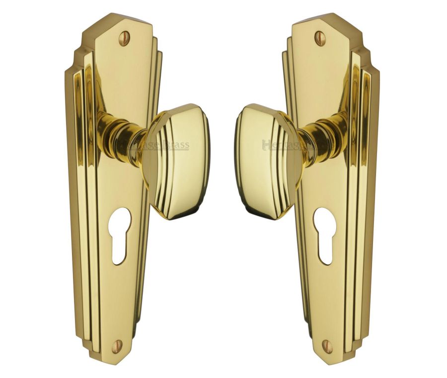 Heritage Brass Polished Brass Charlston Door Knob on Plate - Euro Profile