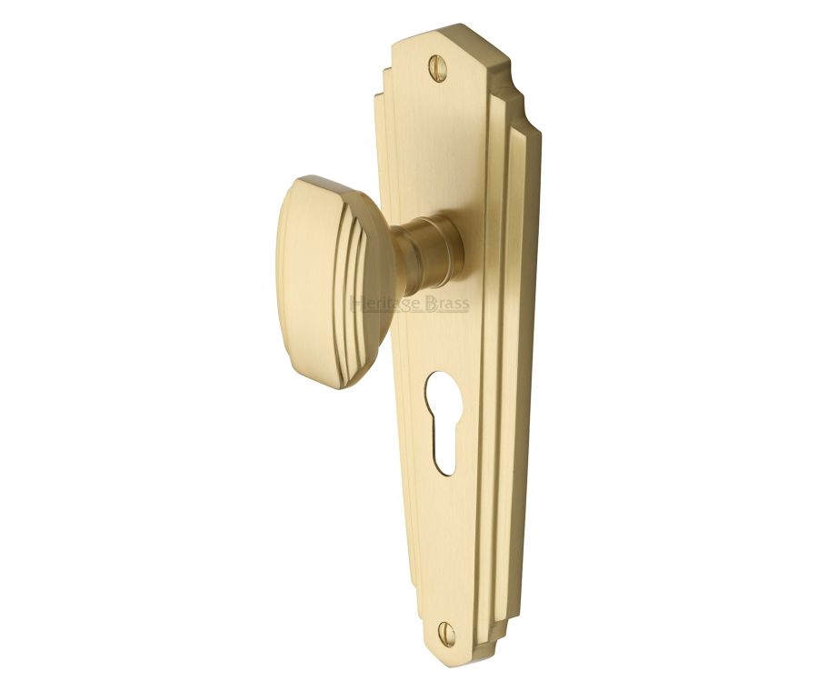 Heritage Brass Satin Brass Charlston Door Knob on Plate - Euro Profile